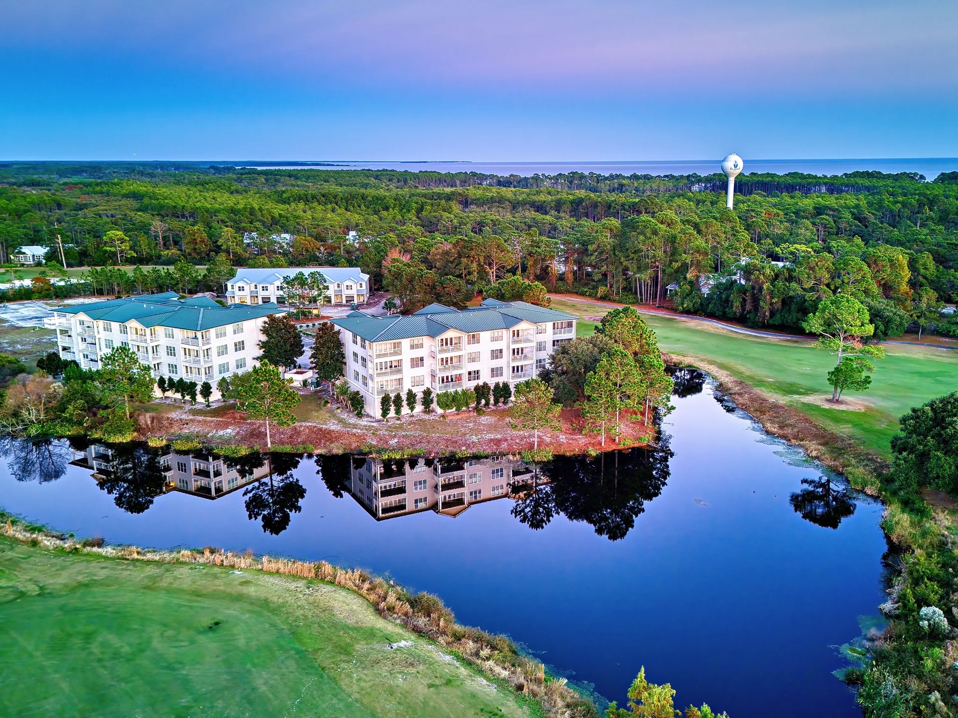 Aerial view of the golf resort condominiums at St. James Bay
